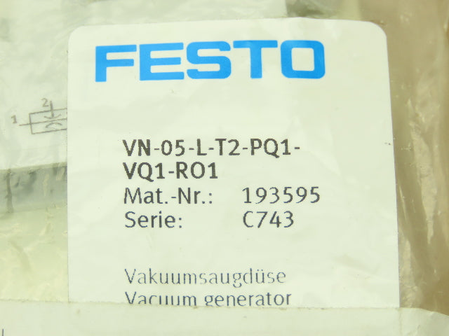 Festo VN-05-L-T2-PQ1-VQ1-RO1 Pneumatic Vacuum Generator Valve .45mm Nozzle