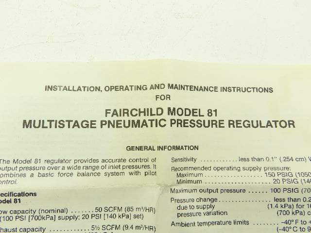 Fairchild EA-12922-2 Repair Kit Pneumatic Air Pressure Regulator Model 81