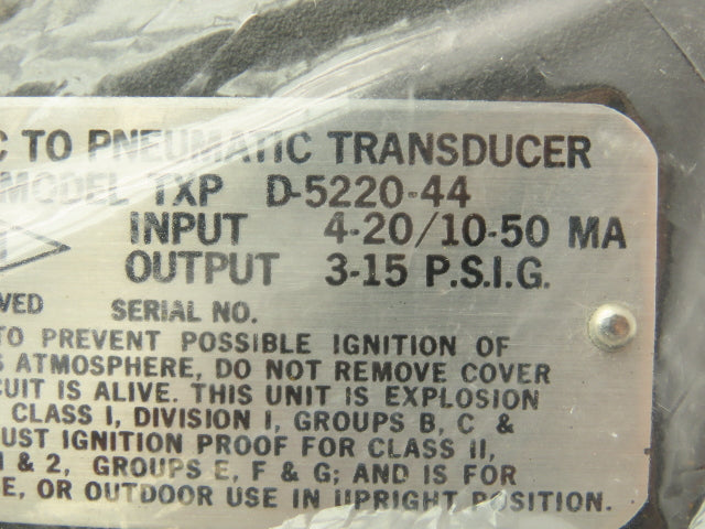 Fairchild D-5220-44 Electric Pneumatic Transducer 4.20/10-50 MA 3-15 PSI