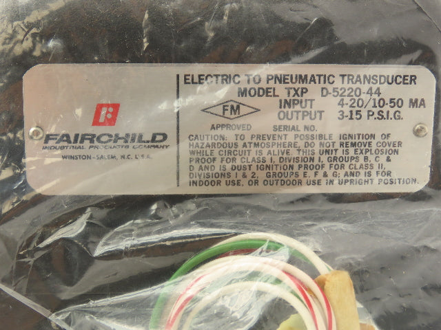Fairchild D-5220-44 Electric Pneumatic Transducer 4.20/10-50 MA 3-15 PSI