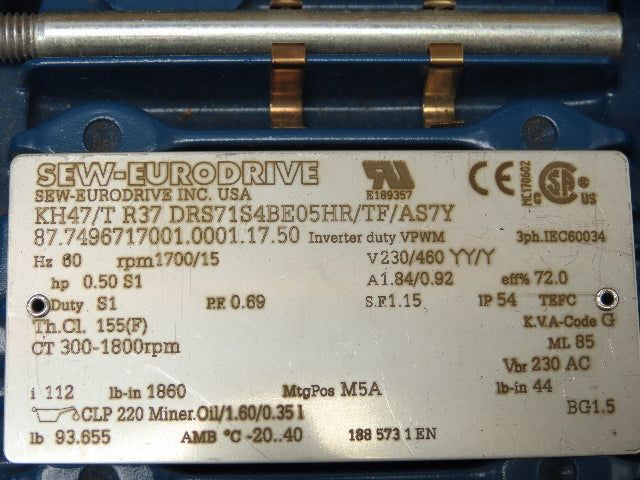 Sew-Eurodrive KH47/T R37  Helical Gearmotor 112:1 Ratio 1/2HP 230/460V 3PH S1