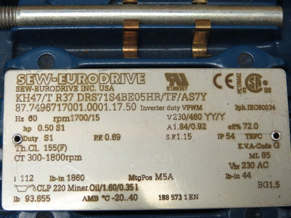 Sew-Eurodrive KH47/T R37  Helical Gearmotor 112:1 Ratio 1/2HP 230/460V 3PH S1
