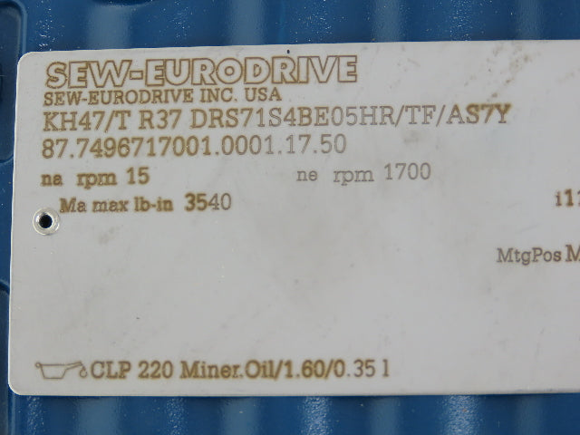 Sew-Eurodrive KH47/T R37  Helical Gearmotor 112:1 Ratio 1/2HP 230/460V 3PH S1