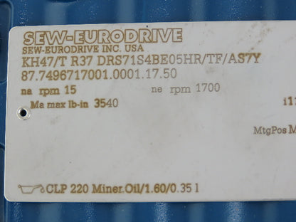 Sew-Eurodrive KH47/T R37  Helical Gearmotor 112:1 Ratio 1/2HP 230/460V 3PH S1