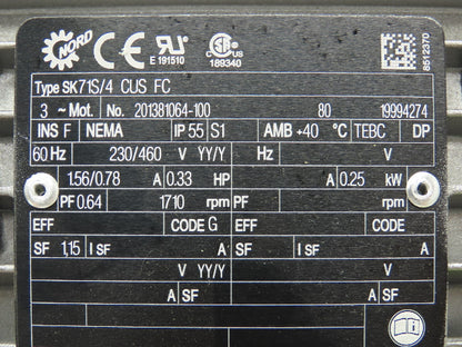 Nord SK02-71S/4 CUS FC Helical In-Line Gearmotor 28:1 Ratio 0.33HP 230/460V 3PH