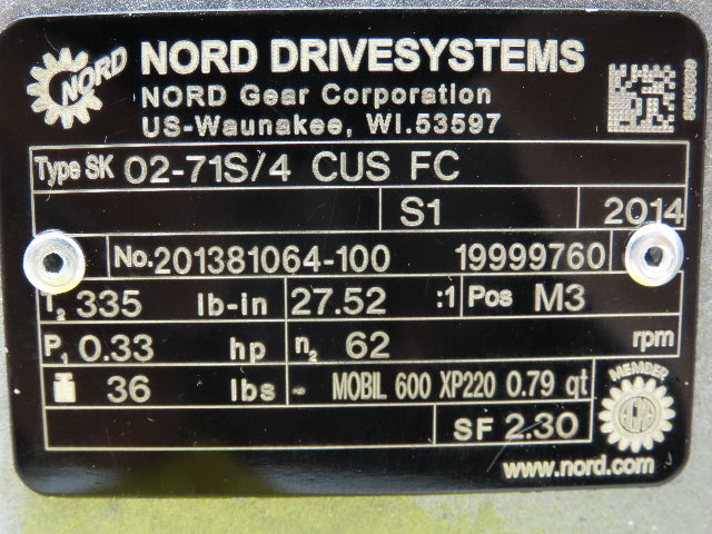 Nord SK02-71S/4 CUS FC Helical In-Line Gearmotor 28:1 Ratio 0.33HP 230/460V 3PH