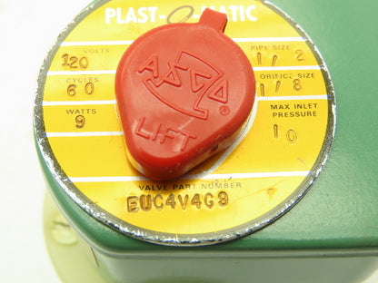 Plast-o-matic EUC4V4G9 Solenoid Valve 1/2" NPT 10PSI 1/8" Orifice 120VAC PVC