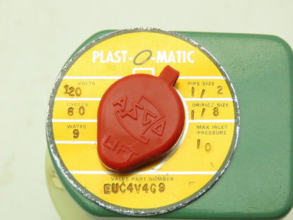 Plast-o-matic EUC4V4G9 Solenoid Valve 1/2" NPT 10PSI 1/8" Orifice 120VAC PVC