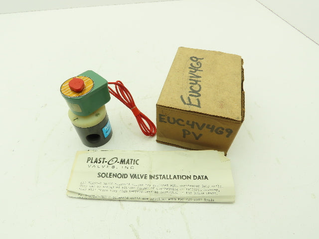 Plast-o-matic EUC4V4G9 Solenoid Valve 1/2" NPT 10PSI 1/8" Orifice 120VAC PVC
