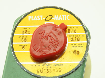 Plast-o-matic EUC3B4G6 Solenoid Valve PVC 3/8" NPT 40 PSI 120V Coil