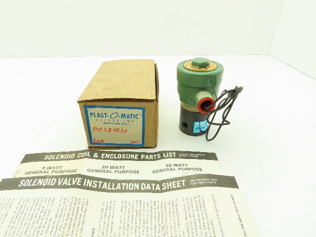Plast-o-matic EUC2B4E20 Solenoid Valve PVC 3/8" NPT 120 PSI 120V Coil 20 Watts