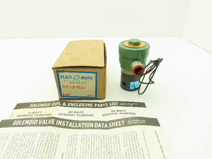 Plast-o-matic EUC2B4E20 Solenoid Valve PVC 3/8" NPT 120 PSI 120V Coil 20 Watts