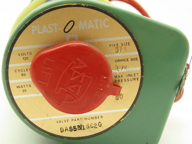 Plast-o-matic DAS5V16G20 Solenoid Valve 3/4" NPT Vented PVC Control Valve