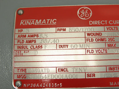 GE Kinematic 5Hp DC Motor 500V 8.35A 850/1700 RPM Tachometer 50VDC