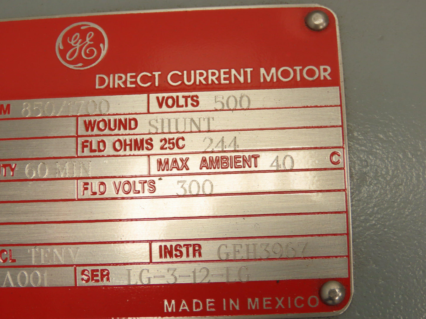 GE Kinematic 5Hp DC Motor 500V 8.35A 850/1700 RPM Tachometer 50VDC