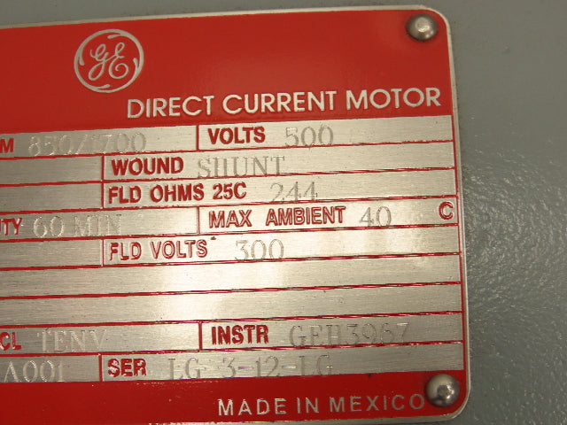 GE Kinematic 5Hp DC Motor 500V 8.35A 850/1700 RPM Tachometer 50VDC