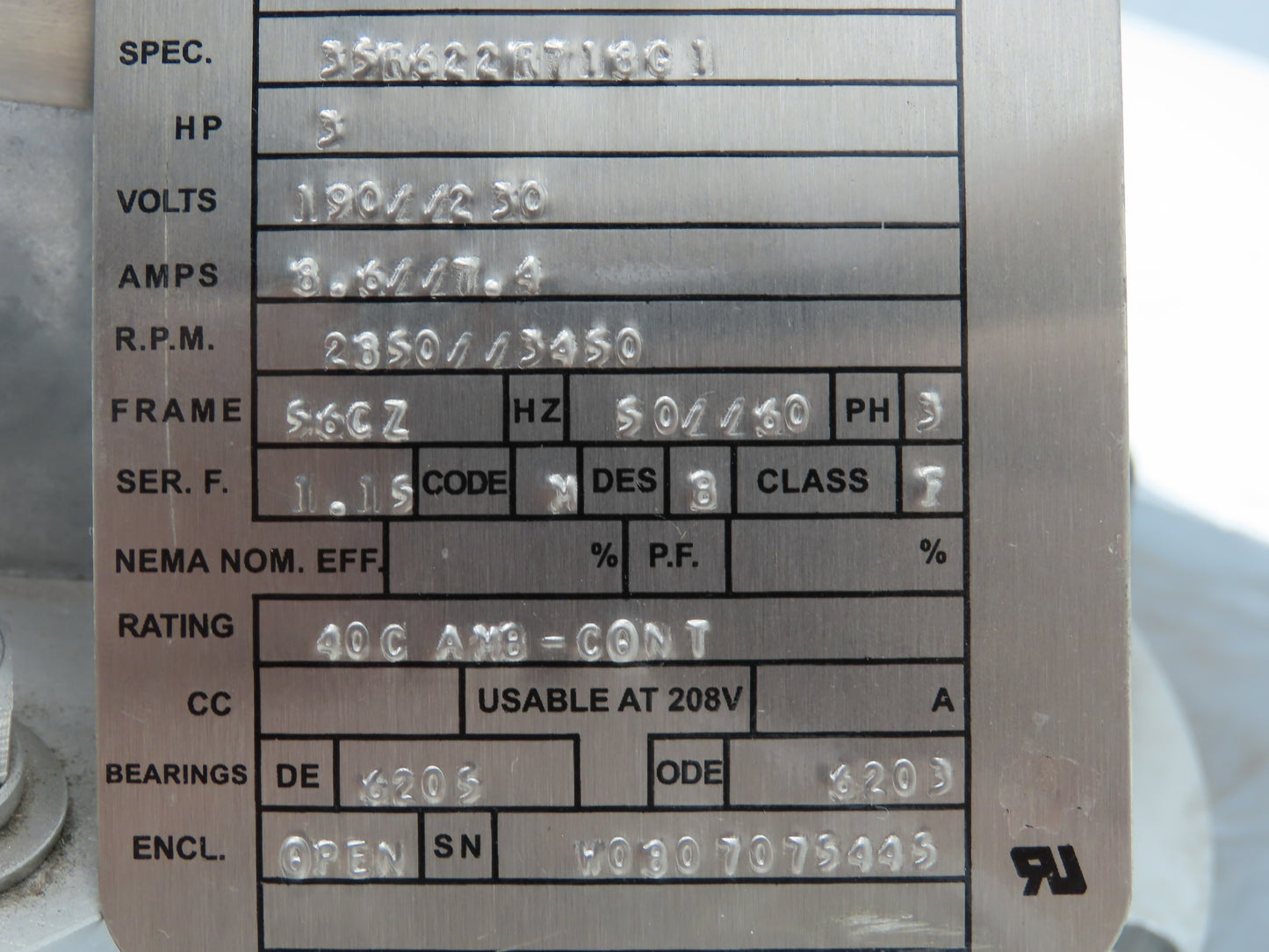 Baldor 35R622R718G1 Stainless Electric Motor 3HP 3450 RPM 190/230V 3PH 56CZ