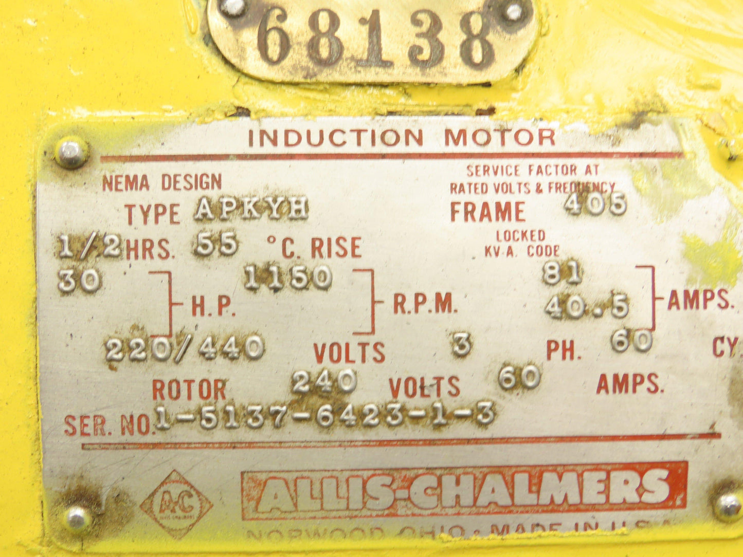 Allis Chalmers 30hp Type APKYH Induction Crane Motor 405 Fr 1150rpm 220/440v 3ph