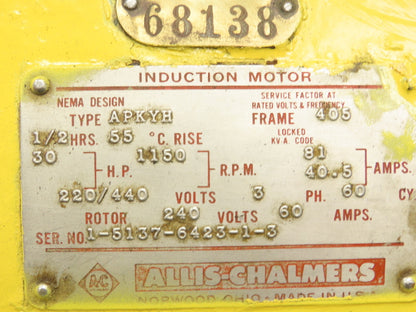Allis Chalmers 30hp Type APKYH Induction Crane Motor 405 Fr 1150rpm 220/440v 3ph