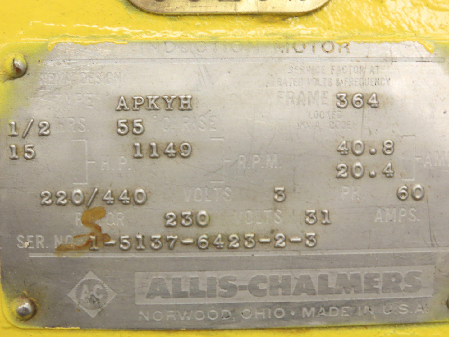 Allis Chalmers 15hp Type APKYH Induction Crane Motor 364 Fr 1140rpm 220/440v 3ph