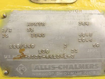 Allis Chalmers 15hp Type APKYH Induction Crane Motor 364 Fr 1140rpm 220/440v 3ph