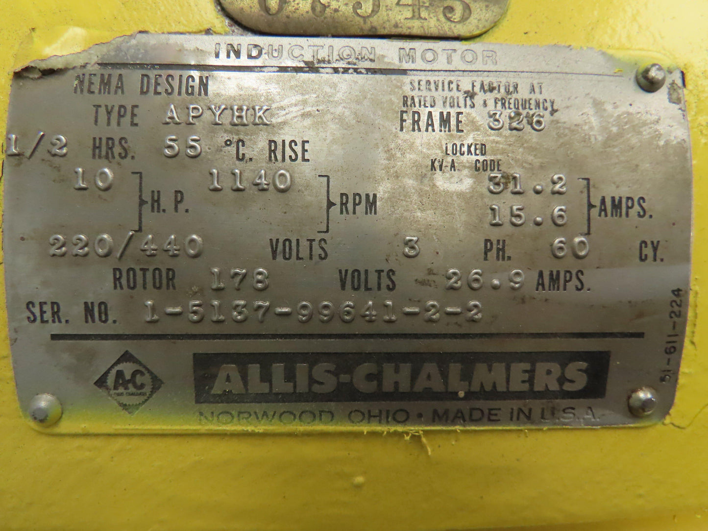 Allis Chalmers 10hp Type APYHK Induction Crane Motor 326 Fr 1140rpm 220/440v 3ph