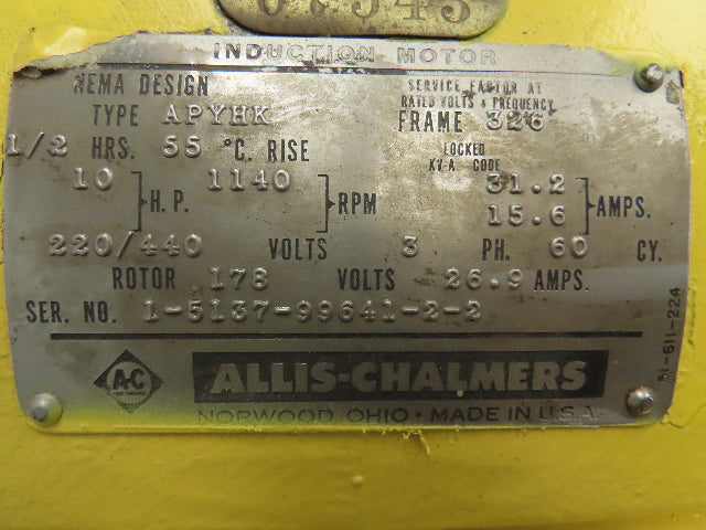 Allis Chalmers 10hp Type APYHK Induction Crane Motor 326 Fr 1140rpm 220/440v 3ph