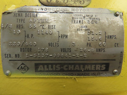 Allis Chalmers 10hp Type APYHK Induction Crane Motor 326 Fr 1140rpm 220/440v 3ph