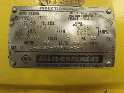 Allis Chalmers 10hp Type APYHK Induction Crane Motor 326 Fr 1140rpm 220/440v 3ph