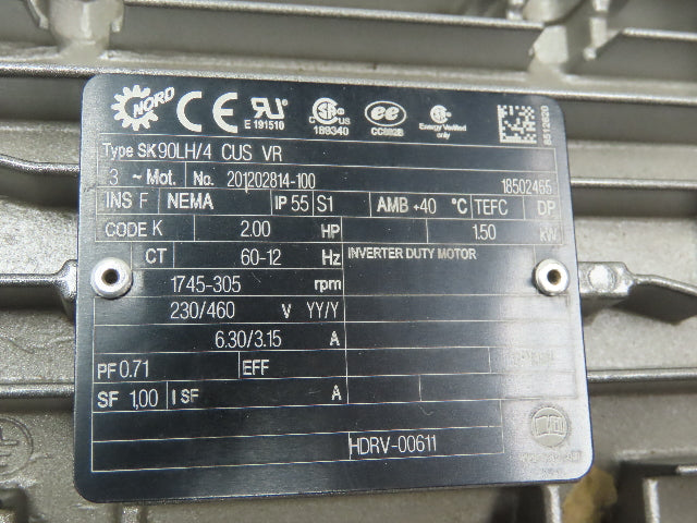 Nord SK 92372LX N140TC-90LH/4 Gearmotor 2HP 38:1 R 45 RPM Dual Output 460V 3PH