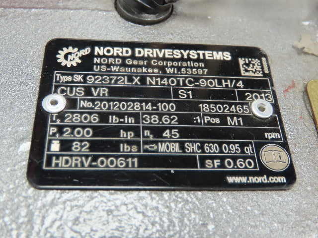 Nord SK 92372LX N140TC-90LH/4 Gearmotor 2HP 38:1 R 45 RPM Dual Output 460V 3PH