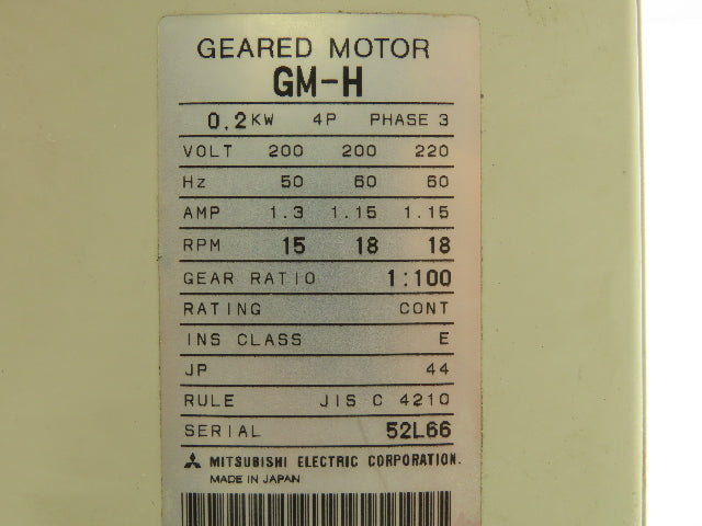 Mitsubishi GM-H Parallel Shaft Geared Motor 1:100 Ratio 0.2Kw 220V 3PH 18 RPM