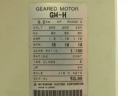Mitsubishi GM-H Parallel Shaft Geared Motor 1:100 Ratio 0.2Kw 220V 3PH 18 RPM