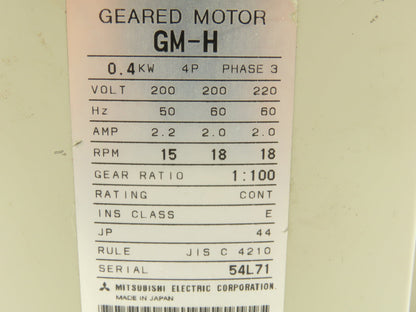 Mitsubishi GM-H Parallel Shaft Geared Motor 1:100 Ratio 0.4Kw 220V 3PH 18 RPM