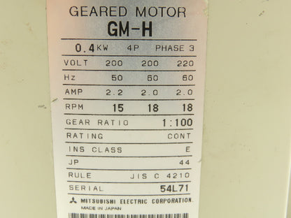Mitsubishi GM-H Parallel Shaft Geared Motor 1:100 Ratio 0.4Kw 220V 3PH 18 RPM