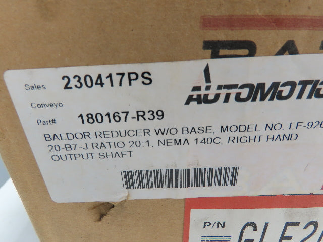 Baldor LF-926-20-B7-J Gearbox Speed Reducer 20:1 Ratio 2Hp 88RPM RH Output 140TC