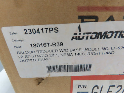 Baldor LF-926-20-B7-J Gearbox Speed Reducer 20:1 Ratio 2Hp 88RPM RH Output 140TC