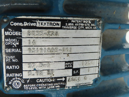 Cone Drive Textron RU35-Z2R Speed Reducer 37.5:1 Ratio 5.92 hp 46.66 Rpm @ 1750