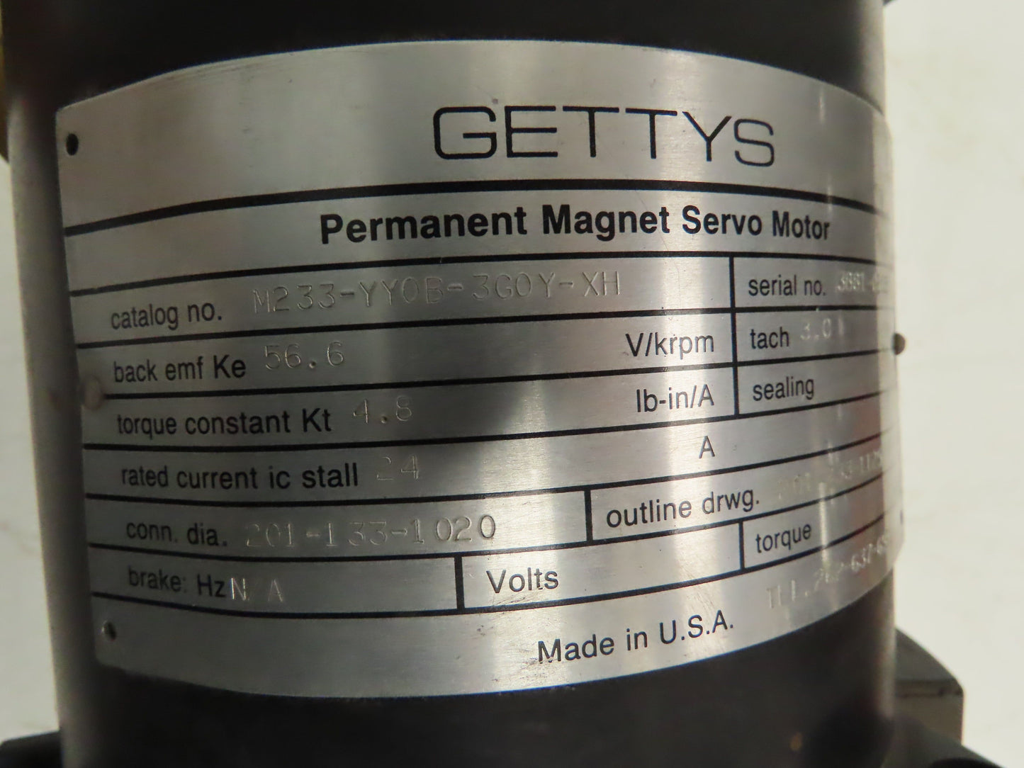 Gettys M233YY0B3G0YXH Permanent Magnet Servo Motor 56.6V/krpm 1 3/8" Shaft Gould