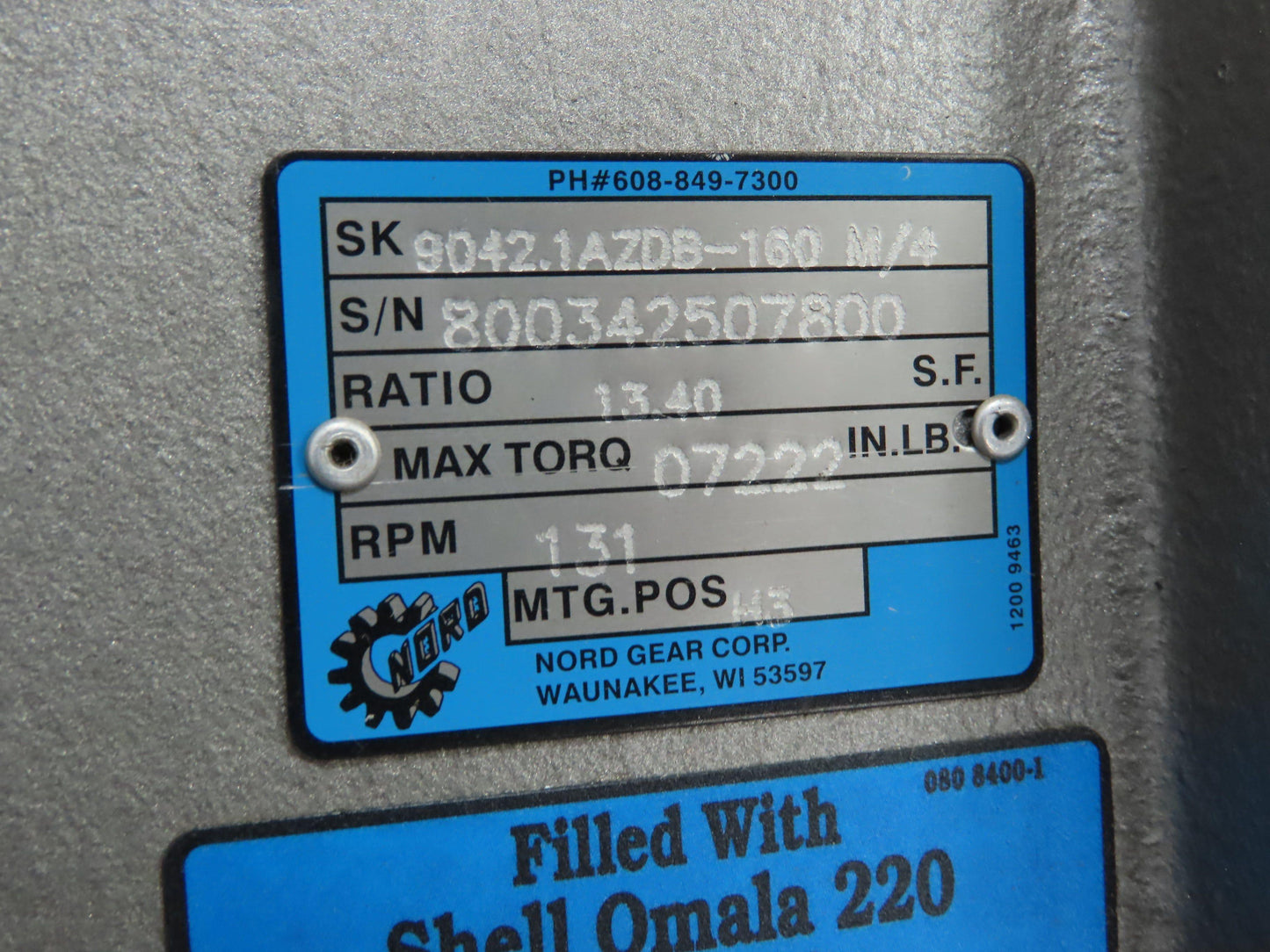 Nord 9042.1AZDB-160 M/4 Gearmotor 13.40:1 Ratio 7222In. Lb. 131rpm 15hp 230/460v