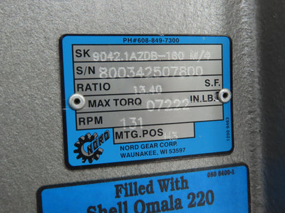 Nord 9042.1AZDB-160 M/4 Gearmotor 13.40:1 Ratio 7222In. Lb. 131rpm 15hp 230/460v