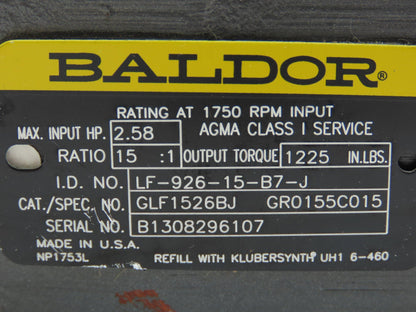 Baldor LF-926-15-B7-J Speed Reducer Gearbox 15:1 Ratio 2.5Hp 117 RPM RH 140TC