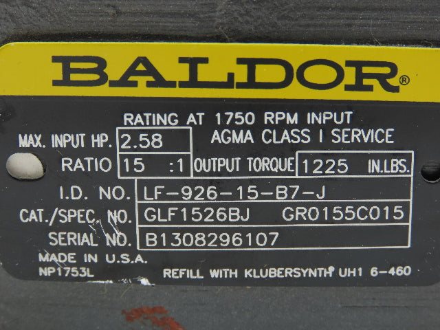Baldor LF-926-15-B7-J Speed Reducer Gearbox 15:1 Ratio 2.5Hp 117 RPM RH 140TC