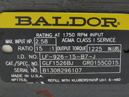 Baldor LF-926-15-B7-J Speed Reducer Gearbox 15:1 Ratio 2.5Hp 117 RPM RH 140TC