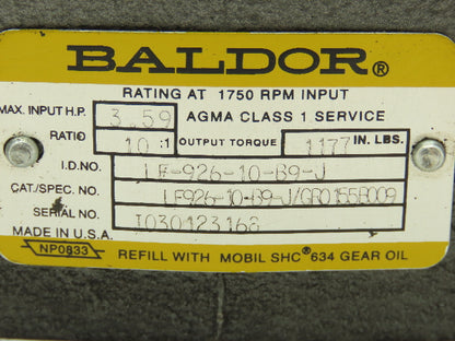 Baldor LF-926-10-B9-J Speed Reducer Gearbox 10:1 Ratio 3.5Hp 175 RPM RH 180C