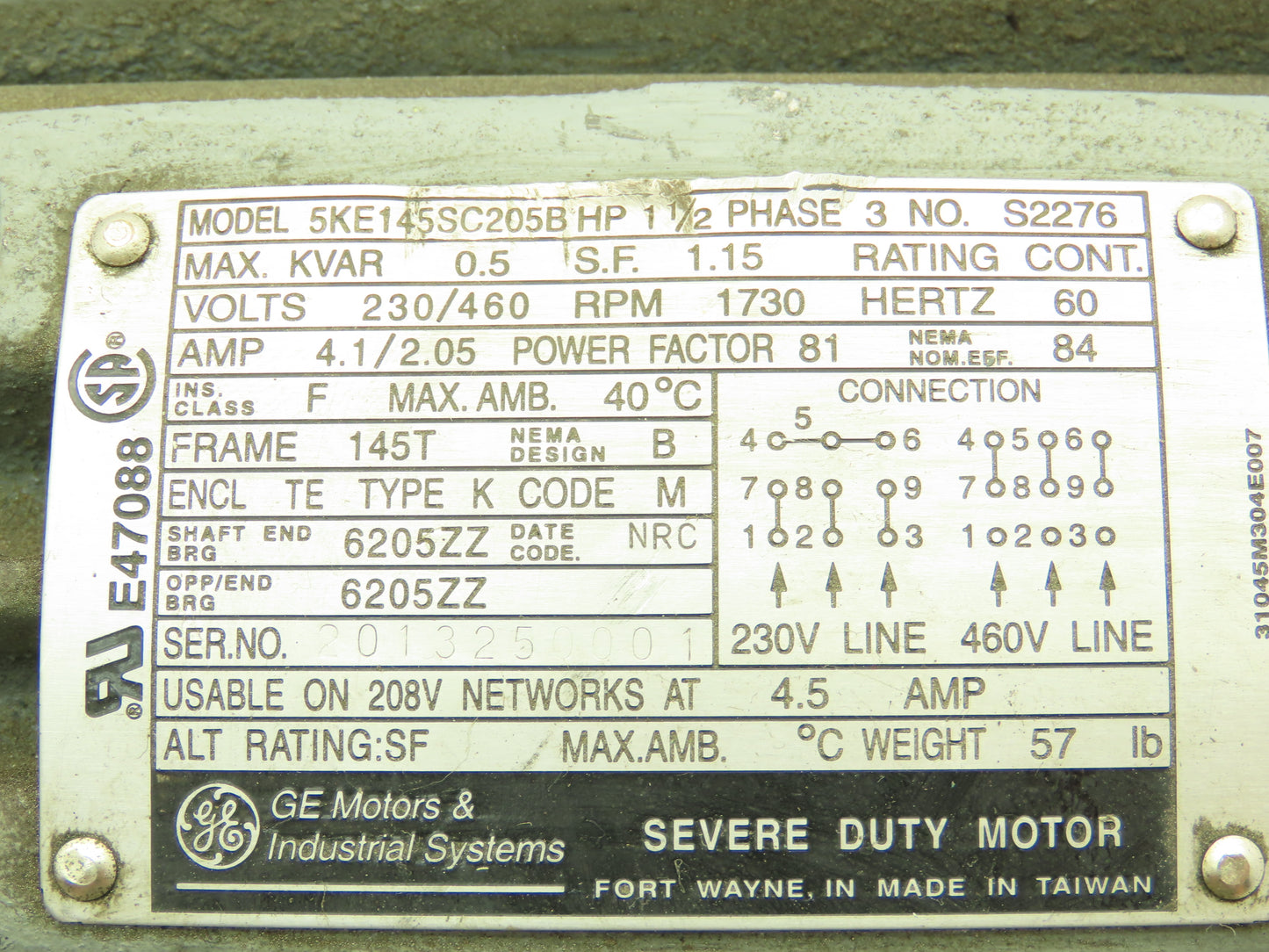 General Electric 5KE145SC205B Motor 1.5 1 1/2 HP 1730 RPM 3Ph 230/460V 145T TE