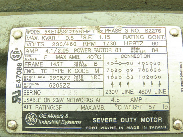 General Electric 5KE145SC205B Motor 1.5 1 1/2 HP 1730 RPM 3Ph 230/460V 145T TE