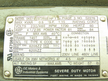 General Electric 5KE145SC205B Motor 1.5 1 1/2 HP 1730 RPM 3Ph 230/460V 145T TE