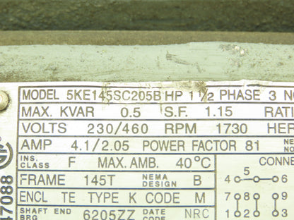 General Electric 5KE145SC205B Motor 1.5 1 1/2 HP 1730 RPM 3Ph 230/460V 145T TE