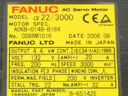 Fanuc A06B-0148-B184 AC Servo Motor A22/3000 20A 3000RPM Encoder